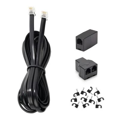 Long Telephone Extension Cord 10 FT, Black, Phone Cable Line Wire with Standard RJ11 Plug, 1 Phone Line Splitter, 1 in-line Coupler and 10 Cable Clips for Telephone Calling Communication