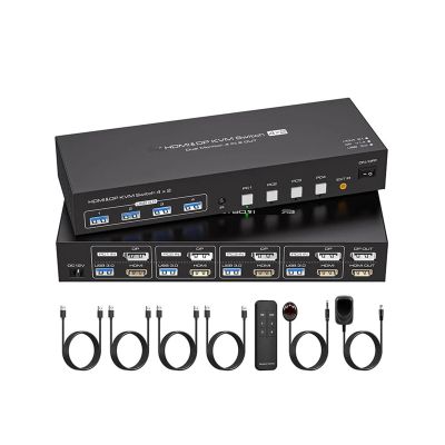F7X3K0Z 8K HDMI+Displayport KVM Switch 2 Monitors 4 Computers 4K 144Hz Dual Display 4x2 USB 3.0 KVM Switch for 4 PC Share Keyboard Mouse(AU Power Plug)