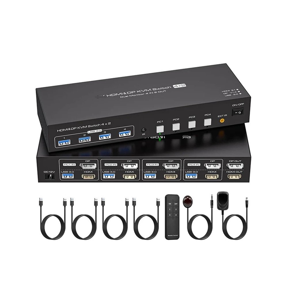 F7X3K0Z 8K HDMI+Displayport KVM Switch 2 Monitors 4 Computers 4K 144Hz Dual Display 4x2 USB 3.0 KVM Switch for 4 PC Share Keyboard Mouse(AU Power Plug)