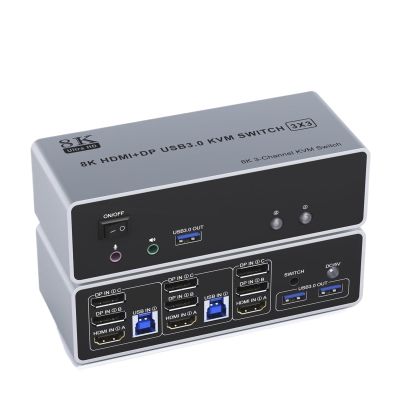 D3LX0Z1 8K@60Hz 4K@144Hz HDMI and 2 Displayport Triple Monitor KVM Switch for 2 Computer Share 3 Monitor, USB3.0 Switch with Audio Mic(with US Plug)