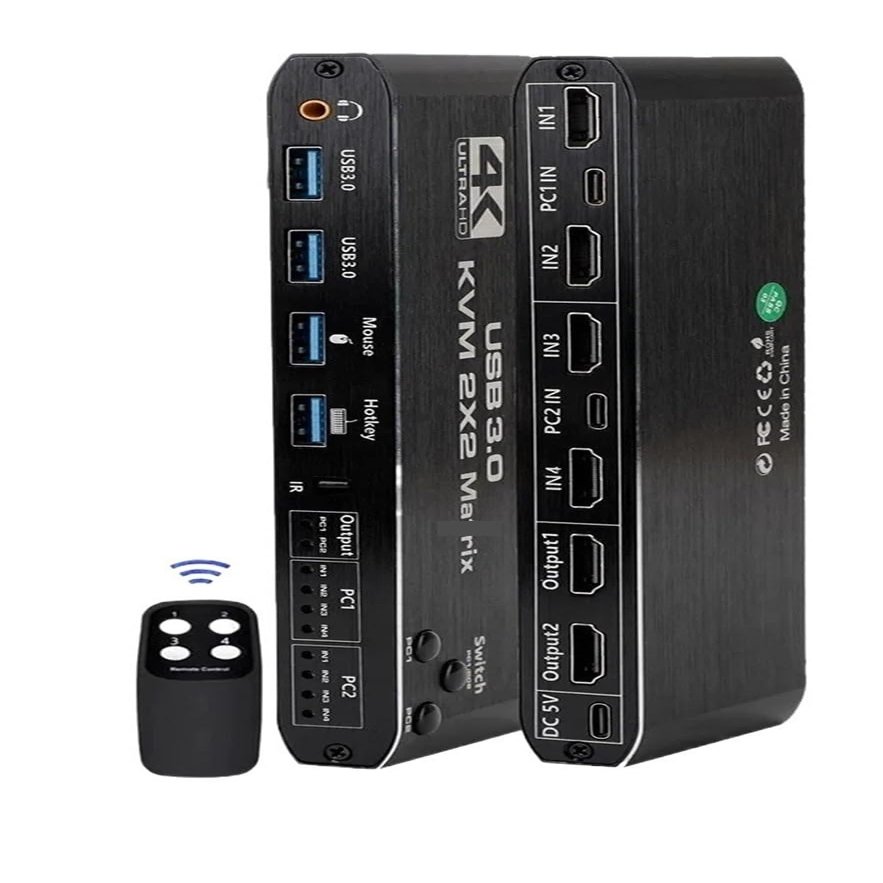 F7X3K0Z 2-In-2-Out MST KVM Matrix Switch 4K 60Hz HDMI2.0-Compatible USB 3.0 Hub Docking Station Dock PC Share Keyboard Printer HDD(2x2 KVM Matrix)