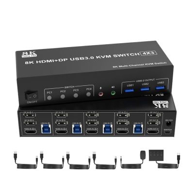 F7X3K0Z 8K@60Hz 2 DisplayPort +1 HDMI KVM Switch 3 Monitors 4 Computers,Triple Monitor for 4 Computer with Audio and 3 USB 3.0 Ports(with US Plug)