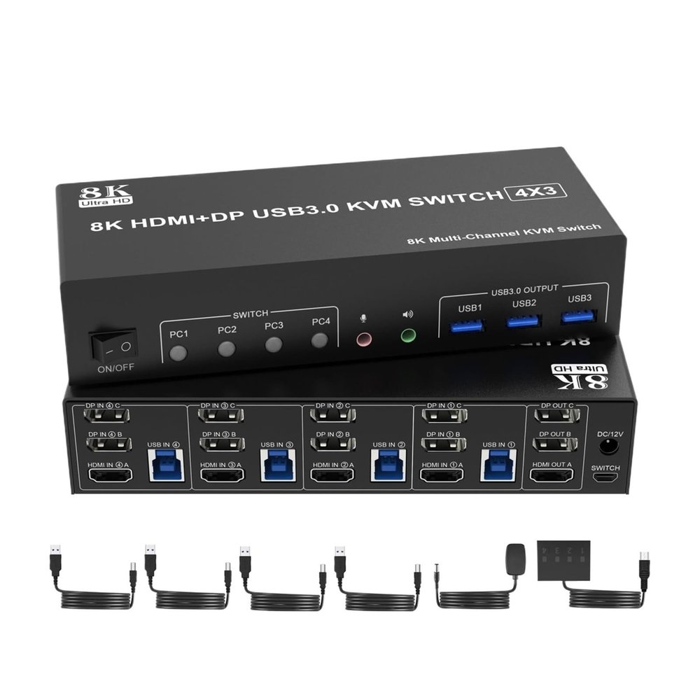 F7X3K0Z 8K@60Hz 2 DisplayPort +1 HDMI KVM Switch 3 Monitors 4 Computers,Triple Monitor for 4 Computer with Audio and 3 USB 3.0 Ports(with US Plug)