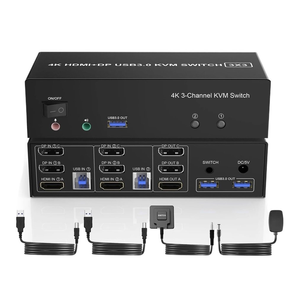 D3LX0Z1 HDMI + 2 Displayport USB 3.0 KVM Switch Triple Monitor for 2 Computers 3 Monitors,4K@60Hz KVM Switch with Audio Microphone(with US Plug)