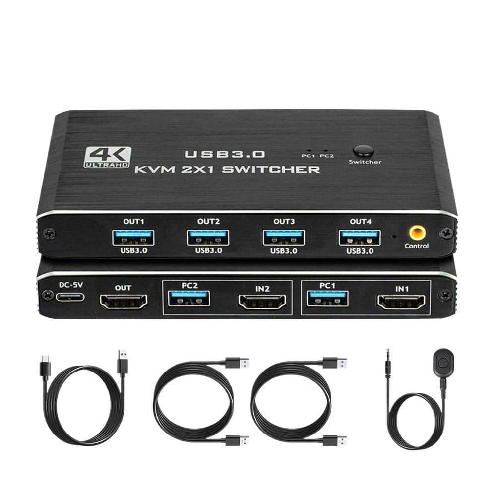 D3LX0Z1 USB 3.0 4K@60Hz HDMI-Compatible KVM 2x1 Switch with Remote for 2 Computers Share 1 Monitor/Keybord/Mouse/Printer(4 USB Devices)