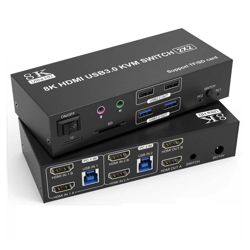 D3LX0Z1 8K Dual Monitor HDMI KVM Switch 2 Monitors 2 Computers,4 USB Devices, Audio Microphone and SD TF Card, 8K@60Hz 4K@120Hz(US Power Plug)