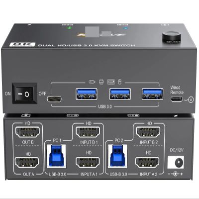 D3LX0Z1 8K KVM Switch 2 PC 2 Monitors, Display Port + HDMI Dual Monitor KVM Switch for 2 PC Share 2 Monitors and 4 USB 3.0 Devices(HH with UK Plug)
