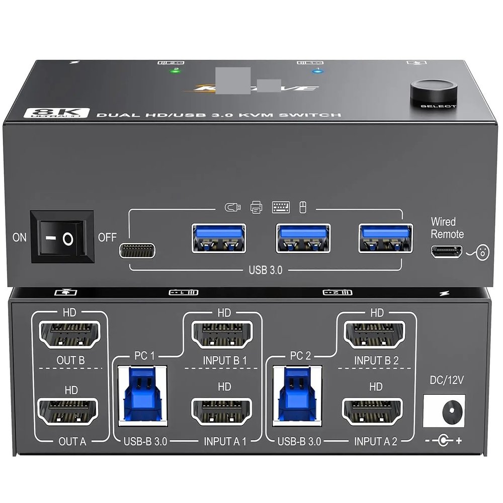 D3LX0Z1 8K KVM Switch 2 PC 2 Monitors, Display Port + HDMI Dual Monitor KVM Switch for 2 PC Share 2 Monitors and 4 USB 3.0 Devices(HH with UK Plug)