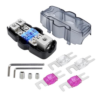 2 Way Mini-ANL Fused Distribution Block, 1 X 0/2/4 Gauge in / 2 X 4/8 Gauge Out Fused Distribution Block with 60A, 80A, 100A Fuses and Mounting Parts for Auto UTV Boat Stereo