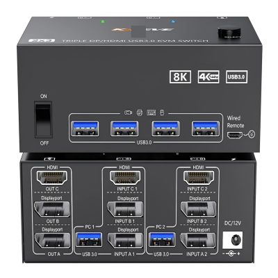KC*EVE Triple Monitors KVM Switch 2 Displayport HDMI USB 3.0 KVM Switch 8K@60Hz 4K@144Hz 3 Monitors 2 Computers KVM with 4 USB3.0(with EU Plug)