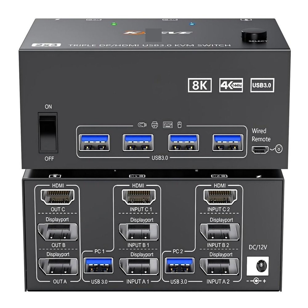 KC*EVE Triple Monitors KVM Switch 2 Displayport HDMI USB 3.0 KVM Switch 8K@60Hz 4K@144Hz 3 Monitors 2 Computers KVM with 4 USB3.0(with EU Plug)