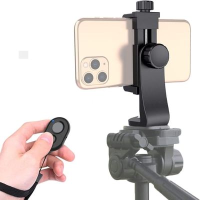 KLIOMAX Universal Phone Tripod Mount Adapter with ireless Camera Remote, Cell Phone Holder with Adjustable Clamp for Selfie Stick Monopod Compatible with iPhone, Samsung