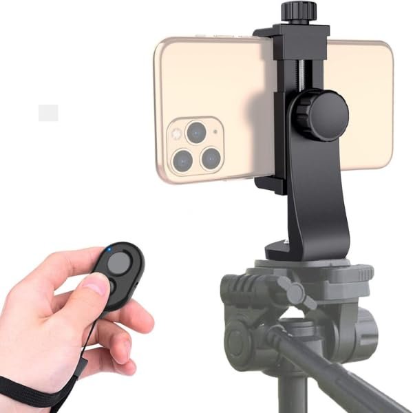 KLIOMAX Universal Phone Tripod Mount Adapter with ireless Camera Remote, Cell Phone Holder with Adjustable Clamp for Selfie Stick Monopod Compatible with iPhone, Samsung
