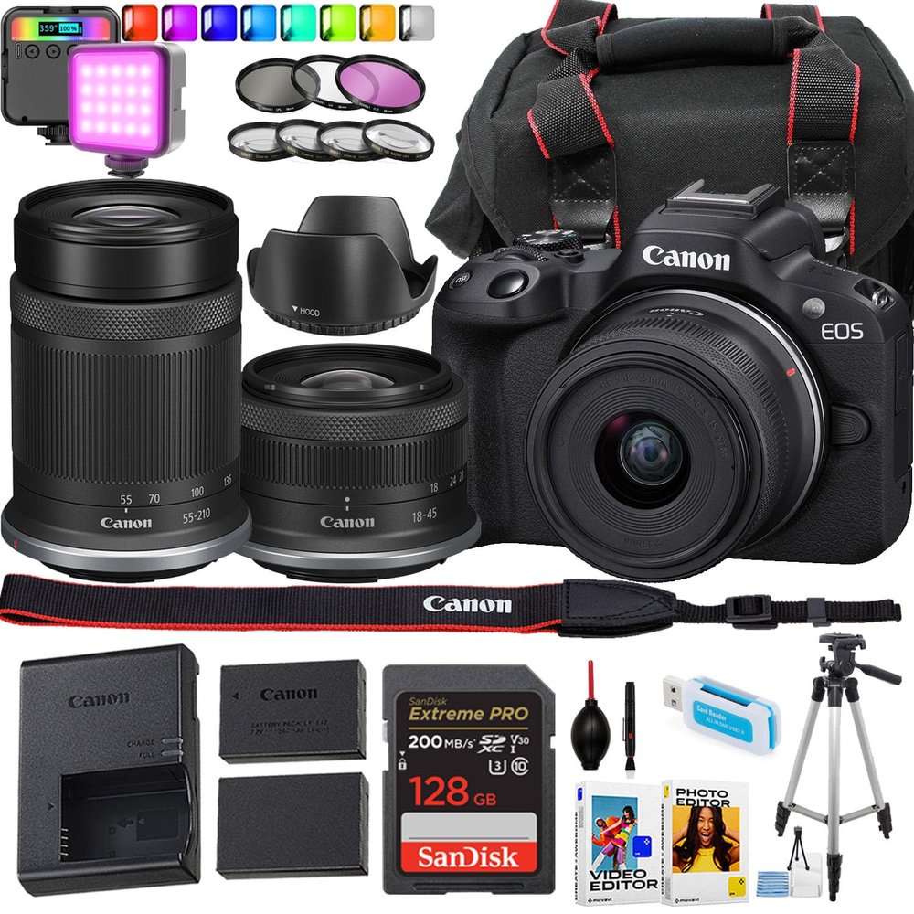 Canon EOS R50 Mirrorless Camera + 18-45mm and 55-210mm Lens + Changeable LED Light + 15 Inch Tripod + More (25 Piece Bundle) (Renewed)