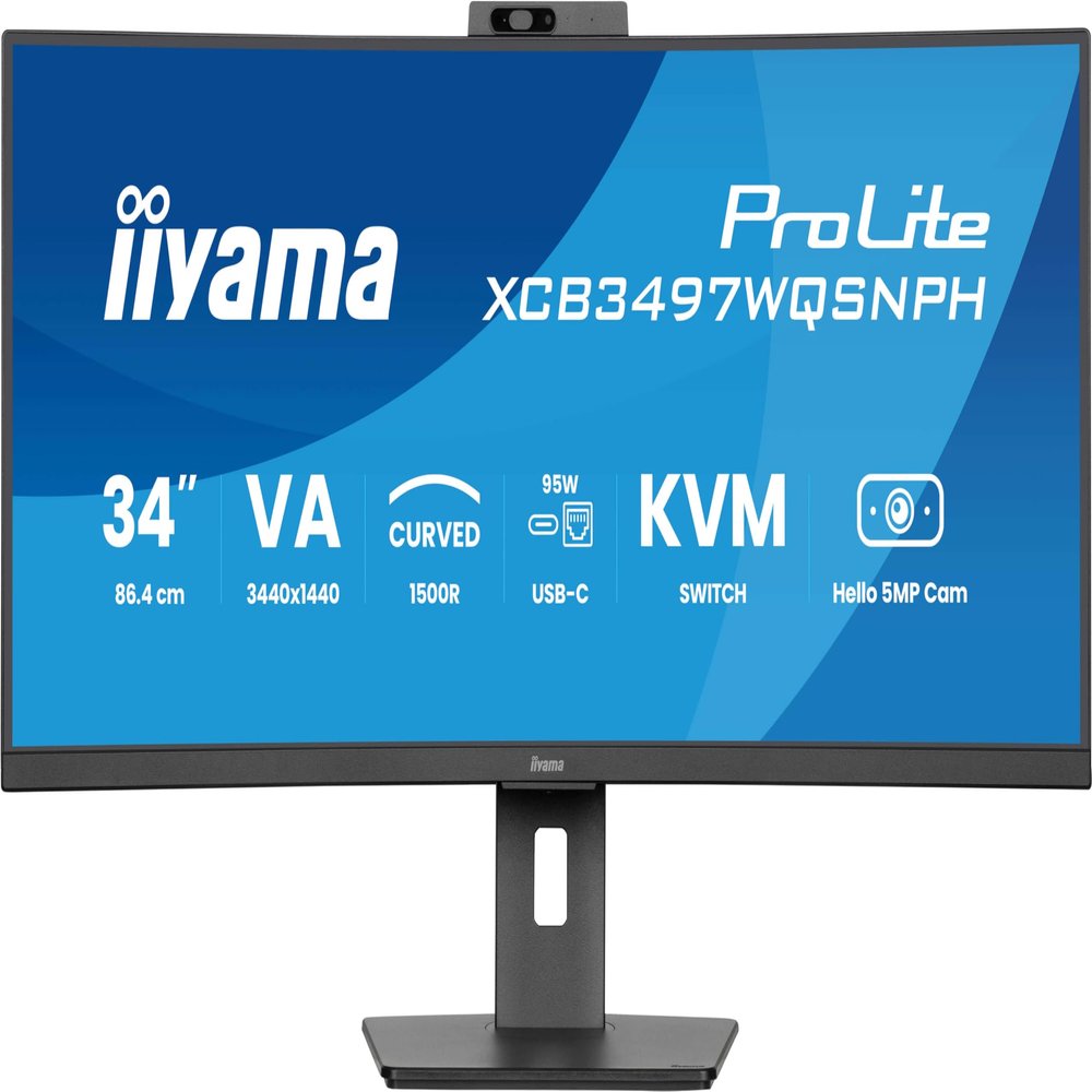 iiyama Prolite XCB3497WQSNPH-B1 Curved LED Display 1500R VA 34" UWQHD HDMI DP-in/Out DaisyChain USB 3.2 USB-C Dock 95W RJ45 (LAN) KVM Height Adjustment Adaptive Sync Windows Hello