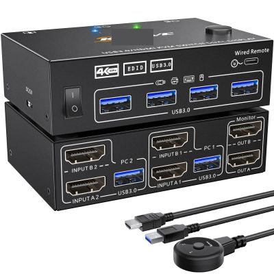 D3LX0Z1 D*ual Monitor KVM Switch 2 Port 4K@60Hz 2K@144Hz Simu*Lation EDID,K*CEVE HD*MI USB 3.0 Switch Extended Display 2 Monitors 2 Computer