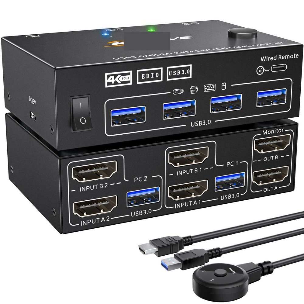D3LX0Z1 D*ual Monitor KVM Switch 2 Port 4K@60Hz 2K@144Hz Simu*Lation EDID,K*CEVE HD*MI USB 3.0 Switch Extended Display 2 Monitors 2 Computer