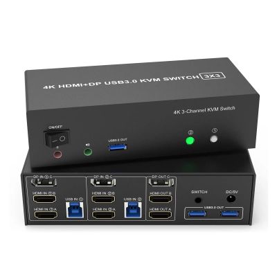 D3LX0Z1 KVM Switch 3 Monitors 2 Computers 4K@60Hz, 2 HDMI+Displayport KVM Switch Triple Monitor for 2 Computer Share 3 Monitor(with US Plug)