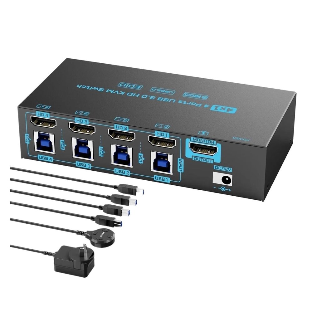 D3LX0Z1 8K HDMI 2.1 KVM Switch 4 Port USB3.0 8K@60Hz/4K@144Hz 4 in 1 Out KVM Switch EDID Emulator for 4 PCs Share 1 Monitor 4 USB Device(4K)