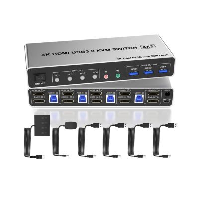 L6AS0F7 4 Port USB 3.0 KVM Switch Dual Monitor HDMI 4K@60Hz, KVM Switch 2 Monitors for 4PCs Supports EDID,4 in 2 Out KVM Switch(with EU Plug)