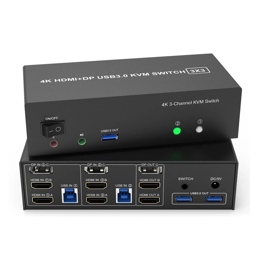 D3LX0Z1 KVM Switch 3 Monitors 2 Computers 4K@60Hz, 2 HDMI+Displayport KVM Switch Triple Monitor for 2 Computer Share 3 Monitor(with EU Plug)
