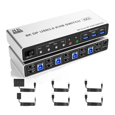 D3LX0Z1 8K@60Hz USB3.0 Displa*yport KVM Switch 2 Monitors 4 Computers, 4 Port DP1.4 Dual Monitor DP KVM Switch with Audio for 4PCs(EU Power Plug)