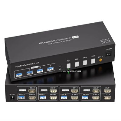 D3LX0Z1 Na*vceker 8K HDMI KVM Switch 2 Monitors 4 Computers 4K 144Hz Dual Display 4x2 USB 3.0 KVM Switch for 4 PC Share Keyboard Mouse(US Power Plug)