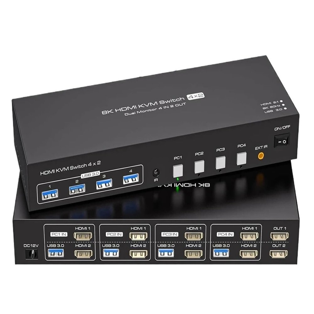 D3LX0Z1 Na*vceker 8K HDMI KVM Switch 2 Monitors 4 Computers 4K 144Hz Dual Display 4x2 USB 3.0 KVM Switch for 4 PC Share Keyboard Mouse(US Power Plug)