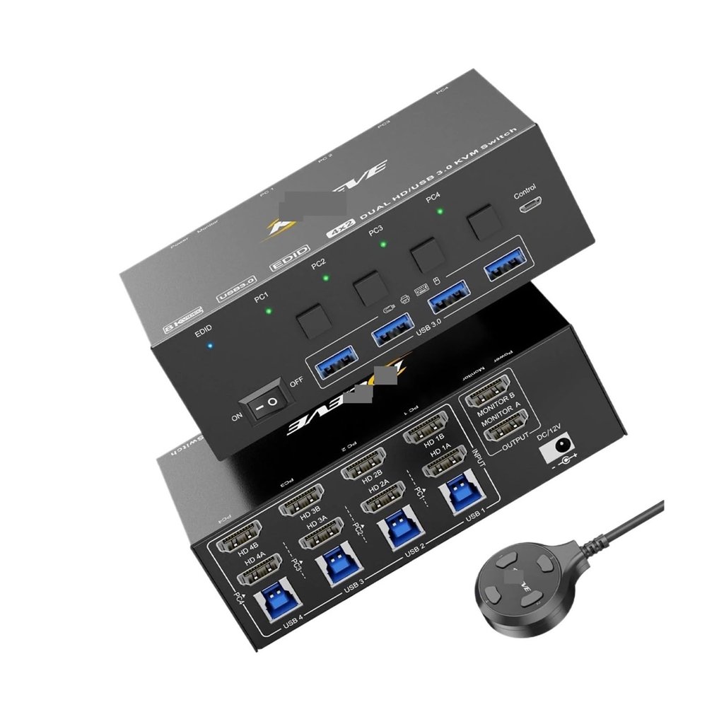 L6AS0F7 8K HDMI KVM Switch 2 Monitors 4 Computers, KCEVE USB 3.0 KVM Switcher with EDID Emulator for 4 PC Share Mouse Keyboard Monitor(842 AU Power Plug)