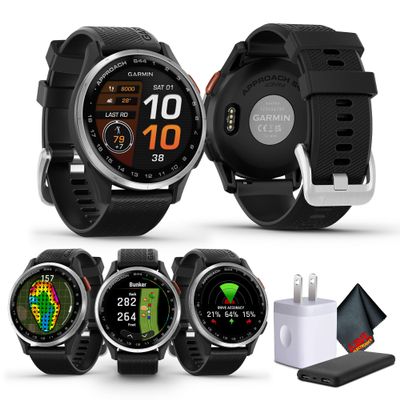 Garmin Approach S44 Essential Golf Watch with GPS, AMOLED Display, On-Course Features, Sports and Fitness Smartwatch, Silver Aluminum Bezel with Black Silicone Band Bundle