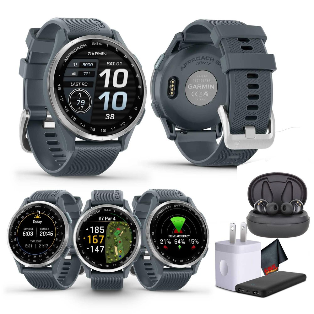 Garmin Approach S44 Essential Golf Watch with GPS, AMOLED Display, Sports and Fitness Smartwatch, Silver Aluminum Bezel with Twilight Silicone Band with Wireless Air Buds