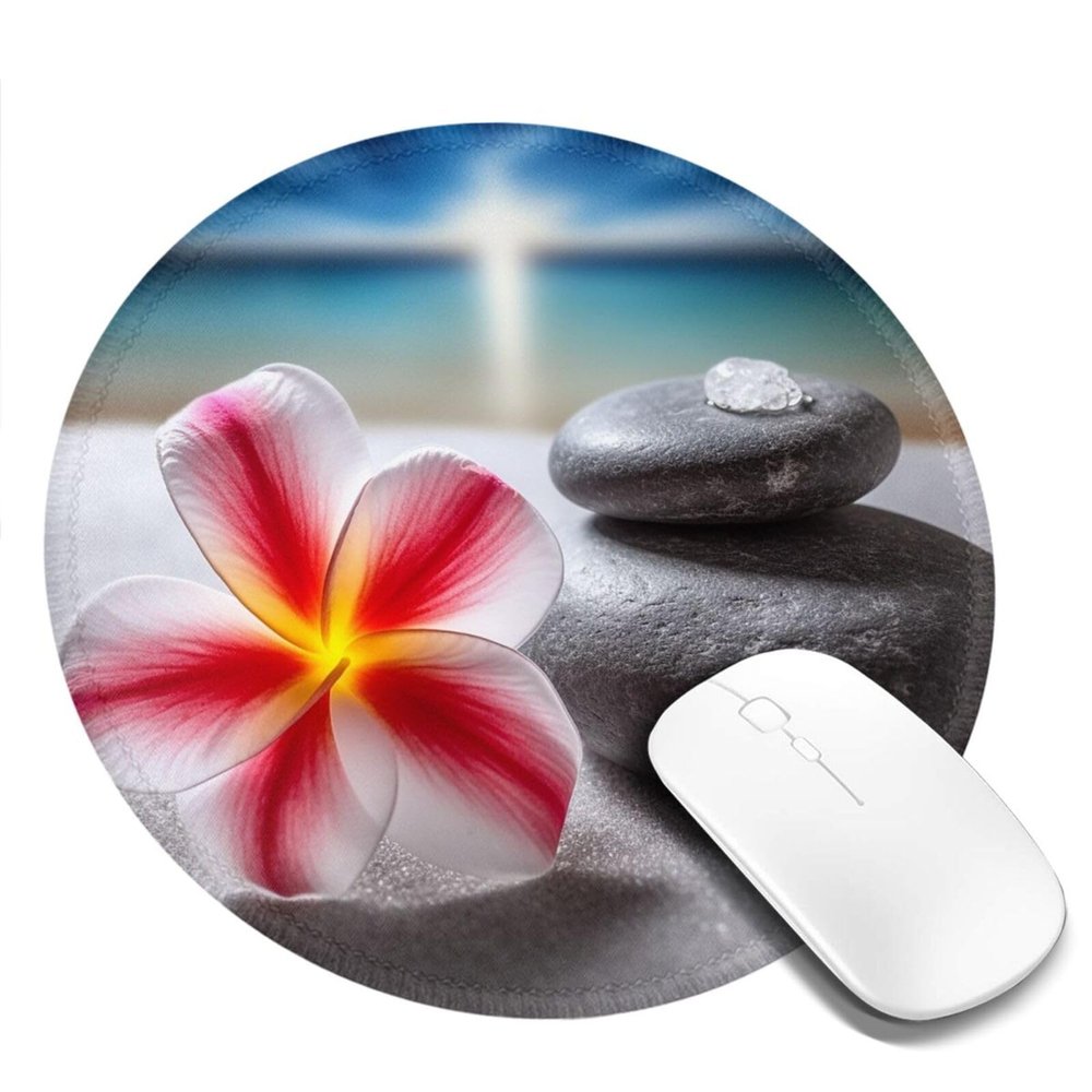 Tropical Flower and Zen Stone Mouse Pad with Non-Slip Rubber Base, 2 PCS Waterproof Gaming Mousepad with Stitched Edge, Laptop Mousemat Washable Mousepads, Round Mice Pad for Office 8 in