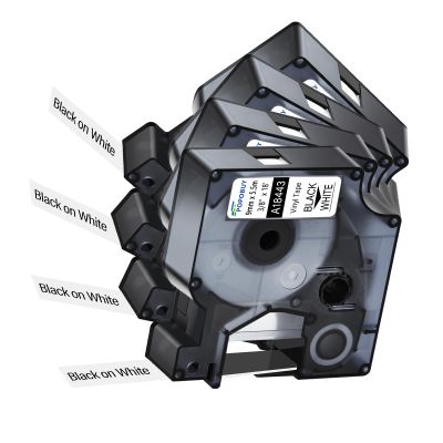 POPOBUY 4 Pack Compatible for DYMO Rhino 18443 Industrial Permanent Vinyl 3/8" Label Tape Black on White, 9mm (3/8 Inch) x 5.5m (18 feet) for Rhino 5200 4200 1000 3000 5000 6000 Label Makers