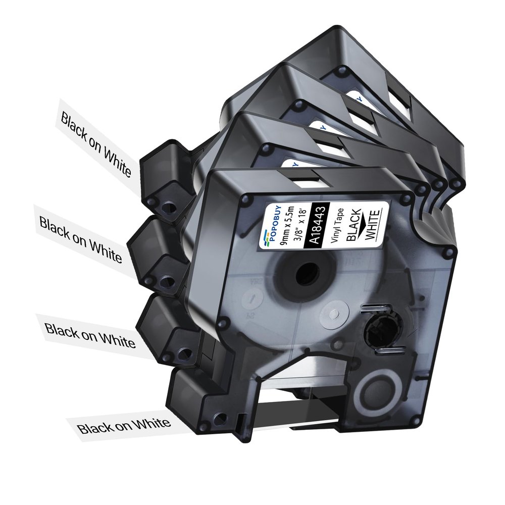 POPOBUY 4 Pack Compatible for DYMO Rhino 18443 Industrial Permanent Vinyl 3/8" Label Tape Black on White, 9mm (3/8 Inch) x 5.5m (18 feet) for Rhino 5200 4200 1000 3000 5000 6000 Label Makers