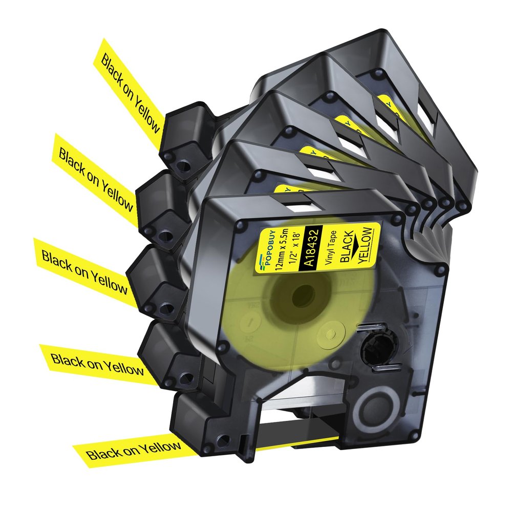 POPOBUY 5 Pack Compatible for DYMO Rhino 18432 Industrial Permanent Vinyl 1/2" Label Tape Black on Yellow, 12mm (1/2 Inch) x 5.5m (18 feet) for Rhino 4200 5200 5000 6000 3M PL200 3M PL300