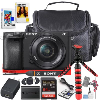 Sony a6400 Mirrorless Camera with 16-50mm f/3.5-5.6 Lens Bundle with 64GB Memory Card + Camera Case + Card Reader + Spider Tripod + More (17pc Bundle) (Renewed)