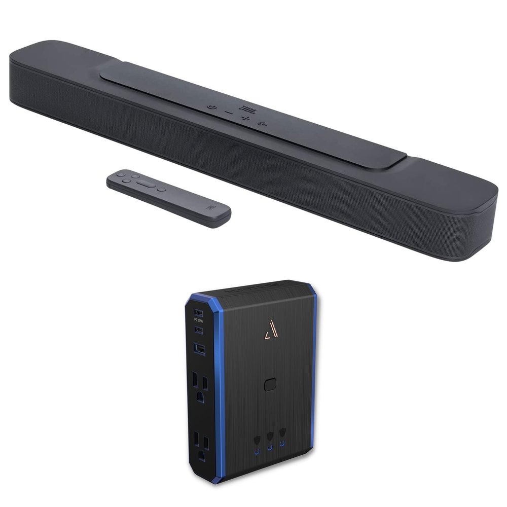 JBL BAR-2-0-ALL-IN-ONE-MK2 Compact 2ch Soundbar with Dolby Digital and an Austere 5S-PS4-US1 4-Outlet Power with Omniport USB (2022)