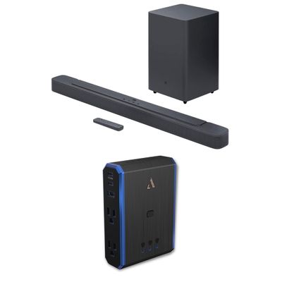 JBL BAR-2-1-DEEP-BASS-MK2 2.1ch Soundbar and Subwoofer with Dolby Digital and an Austere 5S-PS4-US1 4-Outlet Power with Omniport USB (2022)