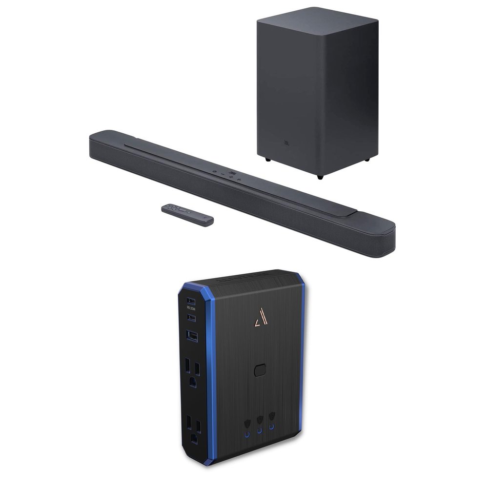 JBL BAR-2-1-DEEP-BASS-MK2 2.1ch Soundbar and Subwoofer with Dolby Digital and an Austere 5S-PS4-US1 4-Outlet Power with Omniport USB (2022)