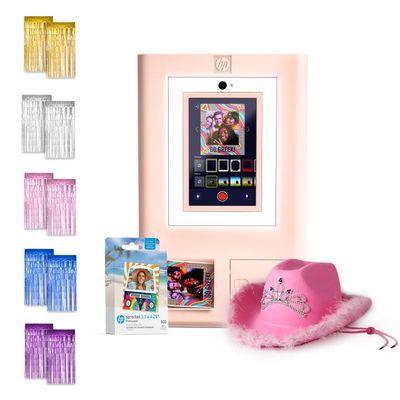 HP Sprocket Photo Booth Machine Instant Color Photo Printer (Pink) + Zink Paper (100 Sheets) + Cowboy Hat with Tiara + Silver, Pink, Blue, Gold, Purple Foil Curtain Backdrop (x2)