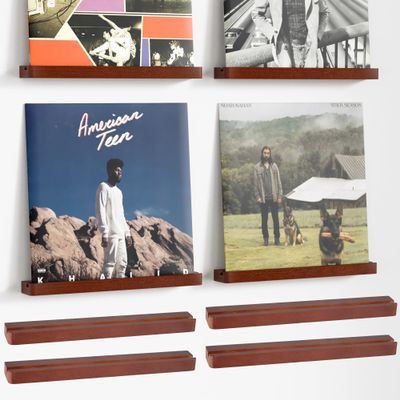 Axeman Solid Wood Vinyl Record Shelf Wall Mount, 4 Pack Floating Shelves for LPs, CD, Album Holder Wall Display, Elegant Wooden Ledge for Vinyl Record Storage, Vintage Home Decor, Brown