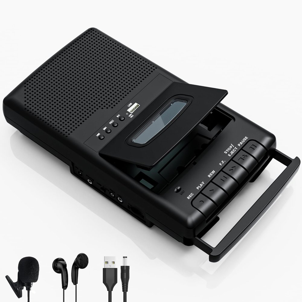 Portable Tape USB Player with Stand-Alone Mic, Cassette Players Recorder, Cassettes Tape Digital Converter to USB Flash Disk, Built-in Speaker, Retractable Handle, One-Touch Recording