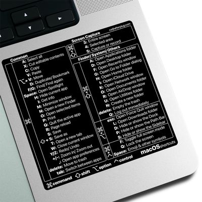 Afterplug Mac OS Keyboard Shortcuts Sticker, 50+ Shortcuts for 13-16 inch MacBook Pro & Air, Residue-Free Vinyl, Black with White Text, 2-Pack