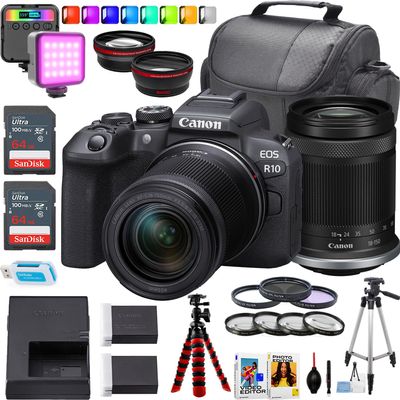 Canon EOS R10 Mirrorless Camera + Canon RF-S 18-150mm f/3.5-6.3 is STM Lens + 2pc Sandisk 64GB Memory Card + 15 inch Tripod + More (24 Piece Bundle) (Renewed)