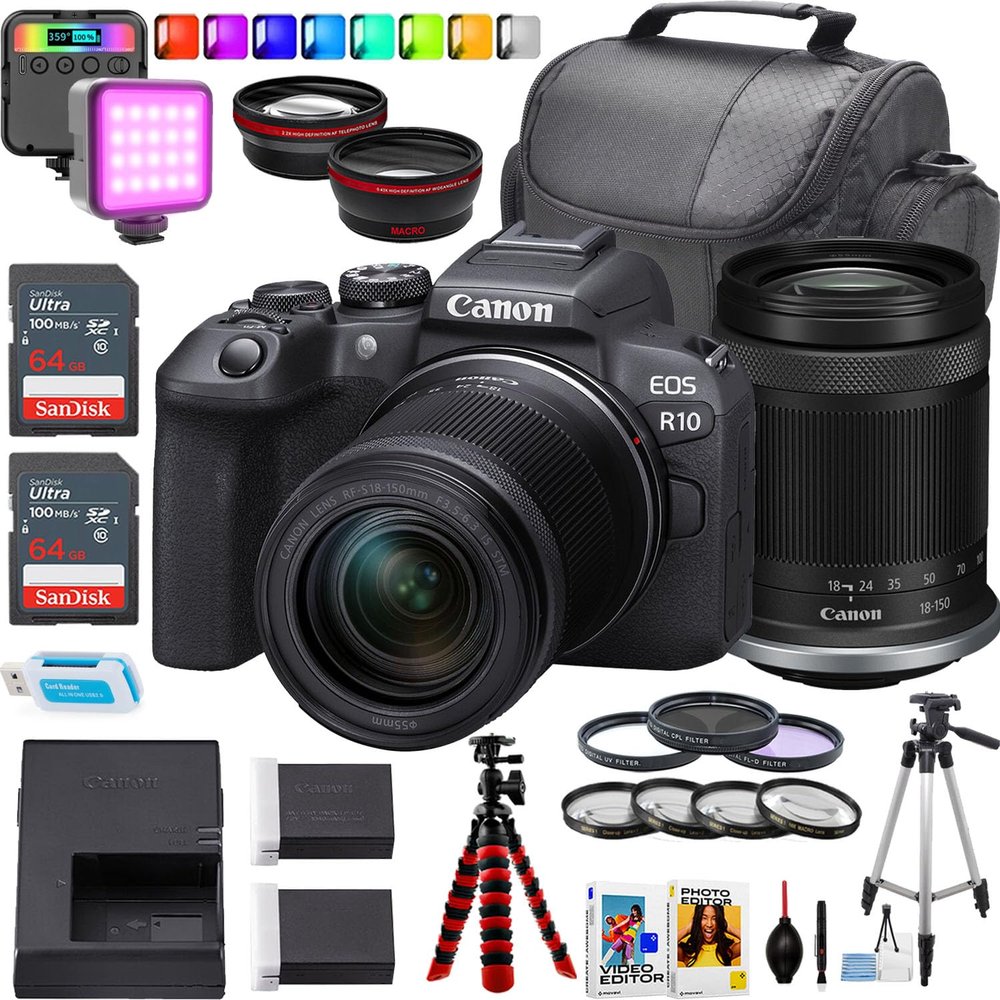 Canon EOS R10 Mirrorless Camera + Canon RF-S 18-150mm f/3.5-6.3 is STM Lens + 2pc Sandisk 64GB Memory Card + 15 inch Tripod + More (24 Piece Bundle) (Renewed)