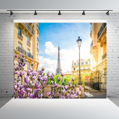 BELECO 17x10ft Fabric Paris Eiffel Tower Backdrop Romantic Paris City View Spring Blooming Flowers Photography Background France Paris Party Decorations Portrait Photoshoot Studio Props