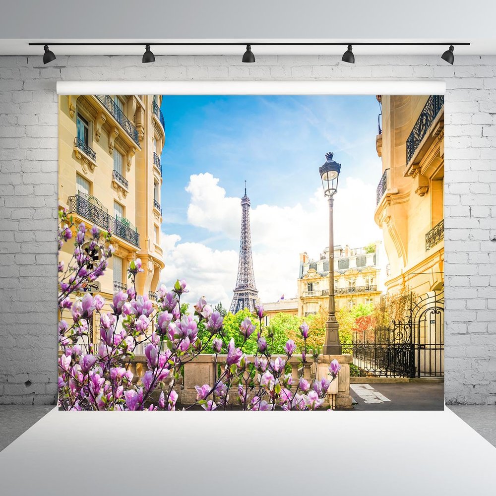 BELECO 17x10ft Fabric Paris Eiffel Tower Backdrop Romantic Paris City View Spring Blooming Flowers Photography Background France Paris Party Decorations Portrait Photoshoot Studio Props