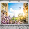 BELECO 17x10ft Fabric Paris Eiffel Tower Backdrop Romantic Paris City View Spring Blooming Flowers Photography Background France Paris Party Decorations Portrait Photoshoot Studio Props view 2