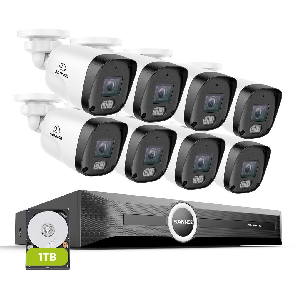 SANNCE 8CH 6MP Surveillance PoE NVR System with 8PCS 2K 3MP HD IP Cameras with H.265 Video Compression, Smart IR LED, APP Push Alert, Remote Access (with 1TB HDD)