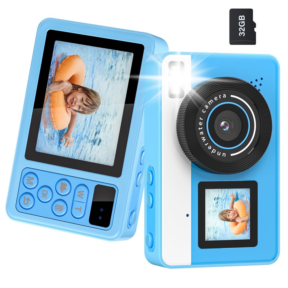 4K Digital Camera Waterproof, Point and Shoot Cameras for Photography, 10FT Underwater Camera with Dual Screens,18X Digital Zoom, 32GB TF Card, Selfie Cameras for Teens Beginners Girls Boys Kids(Blue)